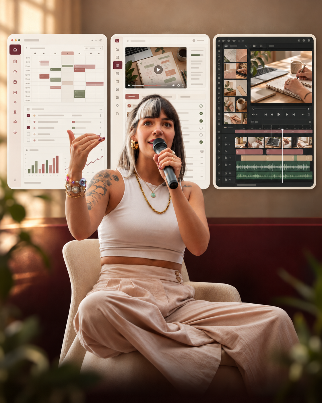 Grazz con un micrófono, en una composición editorial con representaciones de un centro de negocio, un portal y un editor de video.